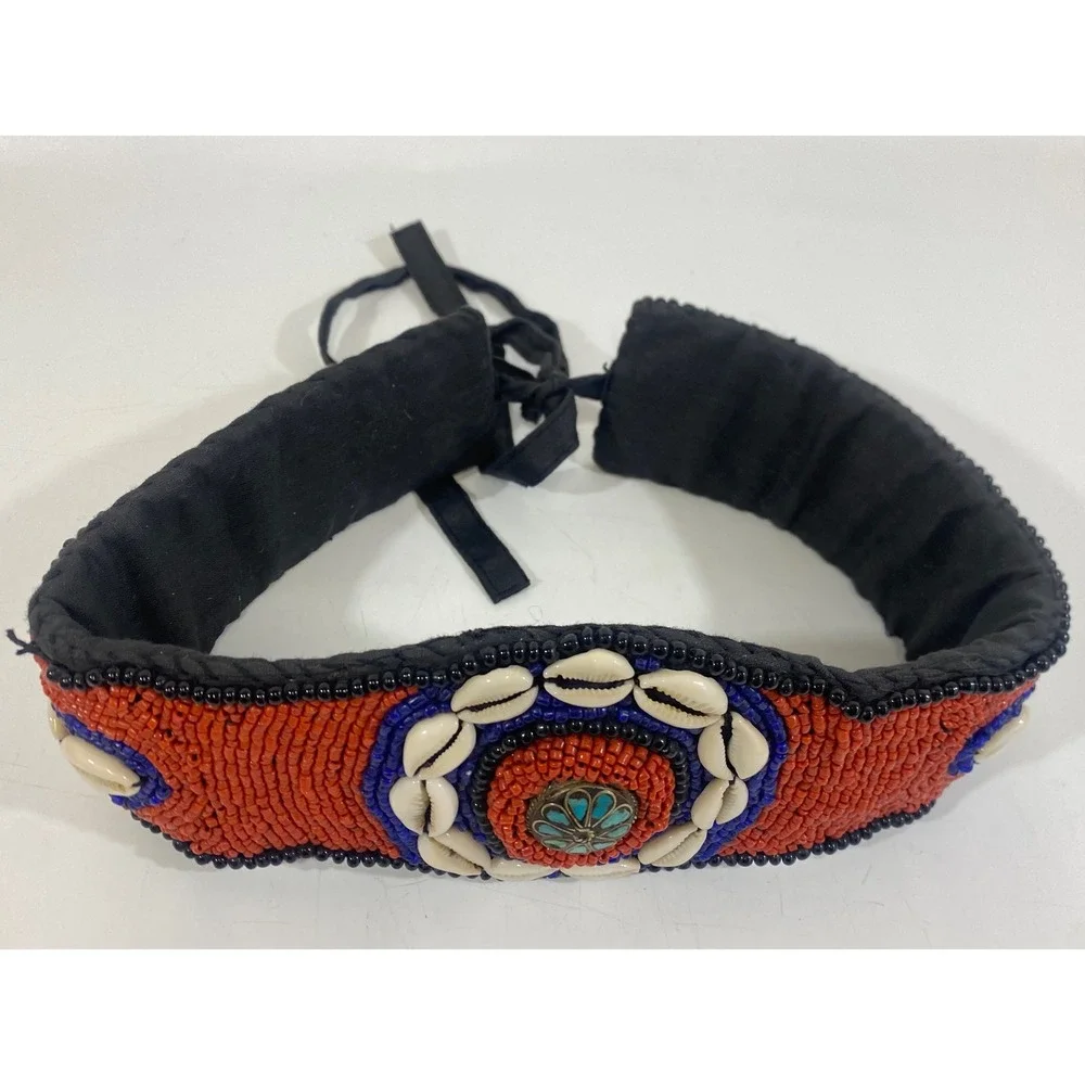 Tribal Beaded Festival Cowrie Shell Belt Orange Blue Bead Boho Medallion Tie